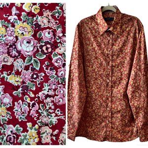 Georg Roth Mens Red Allover Floral Flip Cuffs Button Up Cotton Casual Shirt L